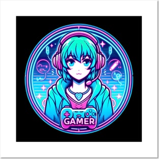 Neon gamer girl Manga style Posters and Art